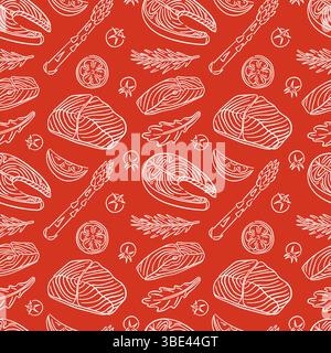 Nahtloses Muster mit Lachssteak im Line-Art-Stil auf rotem Hintergrund. Tomate, Zitronenscheibe, Rosmarin, Rucola, Spargel. Roter Fisch für die Speisekarte Stock Vektor