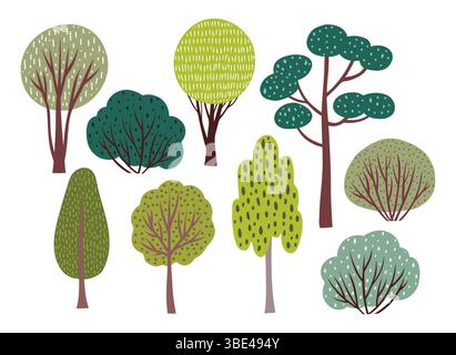 Flache Vektor-Illustration mit einer Sammlung von isolierten Bäumen und Büschen in einem Zeichentrickstil mit handgezeichneten strukturierten Details. Verspielt und farbenfroh Stock Vektor