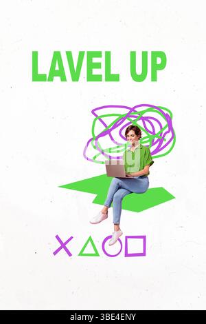 Composite Sketch Design Artwork 3D Foto Collage von lavel Up junge Dame Spiel Laptop süchtig Benutzer Gamer Videospiel Sit Line Doodle Stockfoto