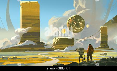 Ein Reisender und Roboterbegleiter steht in einer goldenen Sci-fi-Landschaft, umgeben von riesigen außerirdischen Strukturen und einer schwebenden Kugel unter einem klaren blauen Himmel. Stockfoto