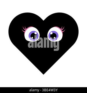 Niedliches schwarzes Herz mit Cartoon Augen Vektor-Illustration. Design eines soliden schwarzen Herzens mit zwei großen, ausdrucksstarken Cartoonaugen. Stock Vektor