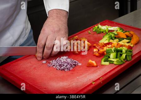 Deutschland 07. April 2025: Im Bild: Eine Detailaufnahme zeigt die Hände eines erfahrenen Kochs oder einer Köchin, die auf einem auffälligen roten Schneidebrett eine bunte Vielfalt an frischem Gemüse sorgfältig vorbereiten. Mit einem scharfen Küchenmesser werden präzise die letzten Stücke geschnitten. Auf dem Brett arrangiert liegen bereits fein gewürfelte rote Zwiebeln, halbierte rote Kirschtomaten, leuchtend orangefarbene und grüne Paprikastücke, zarte Brokkoliröschen, knackige Baby-Maiskolben sowie frische Lauchzwiebeln. Diese Auswahl an rohen Zutaten ist bereit für die Weiterverarbeitung in Stockfoto