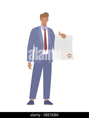 Geschäftsmann mit Whitepaper. Unterzeichnung von Vertrag, Vereinbarung, digitaler Signatur, Rechtsberatung Stock Vektor