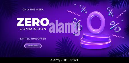 3d 0 Null. Neon-Angebot, Prozentschild für Rabattbanner, fliegende Elemente. Verkaufspreis, provision in Prozent oder Geld. Anzeigenpodium, Palmblätter im Hintergrund, Werbung. Vektorbeschriftung Stock Vektor