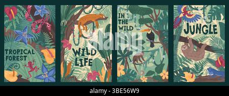 Abstrakter Dschungel. Tropischer Tierwald, abstrakte Naturkunstposter mit Safarivogel und Kritzelpflanze. Exotische Palme und Liane. Schlange, Cartoon jaguar und Affe. Drucken oder Muster. Vektorhintergrund Stock Vektor