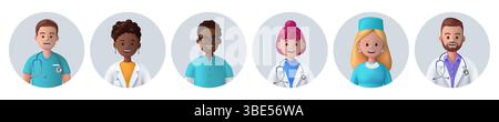 Symbole für 3D-Arzt. Apotheker, Heilung lächelnde medizinische Krankenschwester oder Avatar oder Zahnarzt, Gesundheit Charaktere. Frau im Gesundheitswesen, Apothekenarbeiter. Menschen sehen sich in Kreisform gegenüber. Vektor-Zeichentrick-Rendern isolierter Satz Stock Vektor