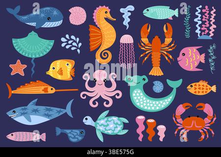 Niedliche Meerestiere. Unterwasserseepferdchen, Quallen und Tintenfische für Sommerkinder, kindliches Meer oder Aquarien. Meeresbabymuster oder -Muster, Meeresbewohner. Vektor-Cartoon flache Art isolierte Illustration Stock Vektor