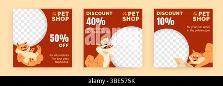 Vorlage für soziale Medien für PET-Shop. Dogellagerpfosten. Zeichentrick-Haustier. Rabattflyer für Speisen und Tierärzte. Pflege der Pflege. Shopping Sale. Transparenter Kopierbereich. Vektor Design Veterinär Banner Set Stock Vektor