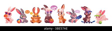 Baby-Hase. Sport-Kaninchen-Muster mit Skateboard. Süßer Junge im Sonnenbrillenmuster. Cartoon Hase mit Spielball. Basketballspiel. Flauschige Säugetierläuferin. Lustiges Haustier. Vektor-isolierte Tierzeichensatz Stock Vektor