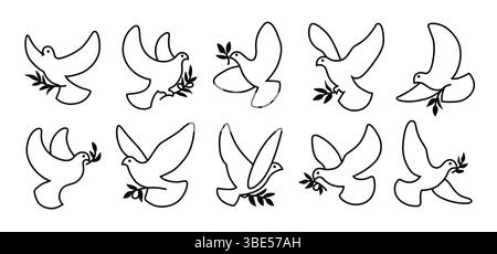 Taubensymbol. Taubenlogo. Vogelflügel. Symbol für Freiheit und Hoffnung. Moderne fliegende Silhouette. Einfaches ukrainisches Kriegszeichen. Ukrainisches Schild. Tier mit Olivenzweig. Vektorlinienzeichnung friedliche Piktogramme gesetzt Stock Vektor