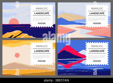Abstrakte Landschaftsposter. Kreativer minimaler Hintergrund. Sonnenberg und Fluss. Küste und Wüste. Horizont-Panorama, Bannerdesign, Etikett oder Verpackung. Vektor-Zeichentrickfilm flach isolierte Illustration Set Stock Vektor