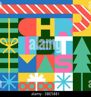 Weihnachtsbeschriftung. Vektor moderne geometrische Illustration des Weihnachtsbaums, Geschenkbox, Zuckerrohr auf mehrfarbigem Hintergrund. Farbblöcke Begrüßung Stock Vektor
