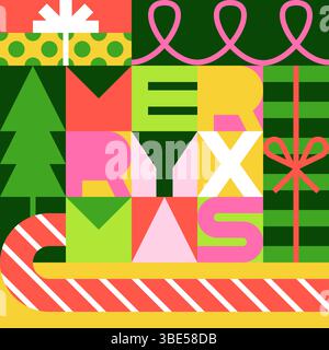 Frohe Weihnachten Schriftzug. Flache Vektor-Illustration des Weihnachtsbaums, Geschenkbox, Zuckerrohr auf mehrfarbigem Hintergrund. Farbblöcke geometrische Greeti Stock Vektor