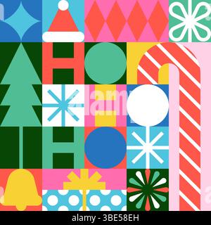 Ho Ho Ho Weihnachtsschrift. Vektor moderne geometrische Illustration des Weihnachtsbaums, Geschenkbox, Zuckerrohr auf mehrfarbigem Hintergrund. Farbblöcke greeti Stock Vektor