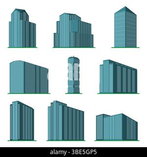 Neun moderne Hochhäuser auf weißem Hintergrund. Blick auf das Gebäude von unten. Abbildung des isometrischen Vektors. Stock Vektor