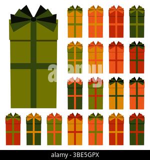 Sammlung von 20 mehrfarbigen Geschenkboxen. Vektorabbildung Stock Vektor