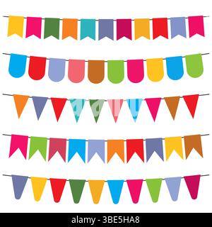 Farbenfrohe Fahnen und bunte Girlanden zur Dekoration. Dekoelemente mit verschiedenen Mustern. Vektorabbildung Stock Vektor