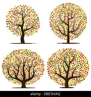 Set aus vier Herbstbäumen mit gelben, orangefarbenen, braunen und grünen Blättern. Vektorabbildung Stock Vektor