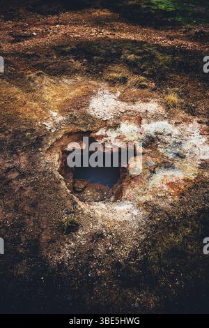 Eine Nahaufnahme einer geothermischen Öffnung in der Gegend von Haukadalur, Island. Die lebendigen Texturen und die abwechslungsreichen Erdtöne heben die geothermische Aktivität hervor Stockfoto