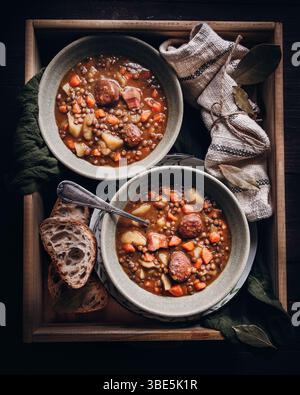 Ein rustikaler Linseneintopf wird in zwei Schüsseln serviert, gefüllt mit Wurstscheiben, Karotten und Kartoffeln. Eine Seite von knusprigem Brot und Lorbeerblättern rundet das WA ab Stockfoto