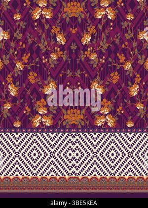 Raffiniertes, violettes und oranges Blumendesign mit geometrischer Borte Stock Vektor
