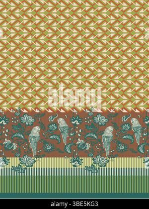 Geometrisches und florales Textildesign mit Papageien und mehrlagigem Muster in Erdtönen Stock Vektor