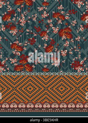 Blumenmuster in Teal und gebranntem Orange mit geometrischem Rand Stock Vektor