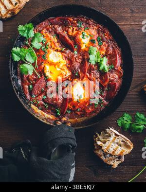 Genießen Sie die lebendigen Farben und das verlockende Aroma eines traditionellen Shakshuka-Gerichts mit pochierten Eiern in würziger Tomatensauce, garniert mit frischen Kräutern und Sesa Stockfoto