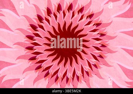 Ein kunstvoller floraler Hintergrund mit einem mehrschichtigen Muster aus abstrakten rosa und roten Blütenblättern in einem dynamischen Farbton, ideal für kreative Projekte. Stockfoto