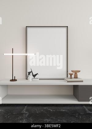 Minimalistisches Interieur mit leerem Rahmen, Skulpturen und einer modernen Lampe auf einer eleganten Oberfläche. Neutrale Töne und klare Linien erzeugen eine Sophisti Stockfoto