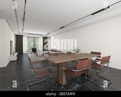 Geräumiges, offenes Wohn- und Esszimmer mit eleganten Möbeln, einem Esstisch aus Holz und großen Fenstern mit Tageslicht. Ideal für die Kontemp Stockfoto