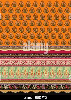 Lebendiges indisches Textildesign mit bunten Streifen und Blumenmotiven Stock Vektor
