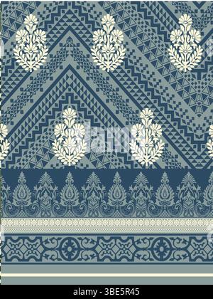 Kompliziertes blau-weißes, geometrisches und florales Textildesign Stock Vektor