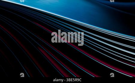 Eine atemberaubende 3D-Rendering-Illustration mit glatten, futuristischen Wellenlinien in einer dynamischen Komposition. Die eleganten Kurven und satten Farben erwecken einen Sinn Stockfoto