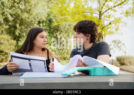 Zwei Teenager, eine nicht-binäre Person und eine Frau, konzentrieren sich auf die Schularbeit, während sie an einem Tisch sitzen. Sie beschäftigen sich mit dem Studium und dem Austausch Stockfoto