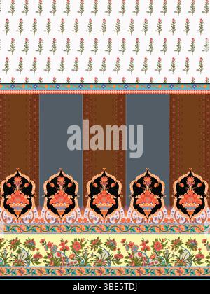 Elegantes florales und geometrisches Textildesign mit braunen und grauen Streifen mit komplizierten Paisley- und Blumenmotiven Stock Vektor