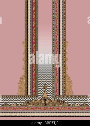 Elegantes rosafarbenes und goldfarbenes Textildesign mit komplizierten Blumen- und geometrischen Mustern Stock Vektor