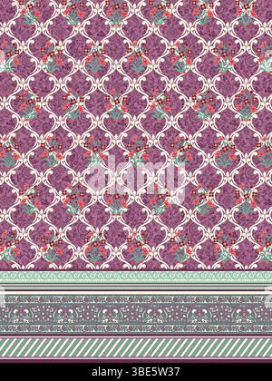 Elegantes Damastmuster in violettem und weißem Blumenmuster mit Borten für Stoff oder Tapeten Stock Vektor