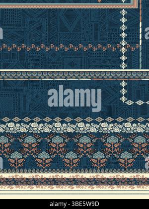 Marineblaues und staubrosafarbenes Ethno-Textildesign mit geometrischen und floralen Mustern Stock Vektor