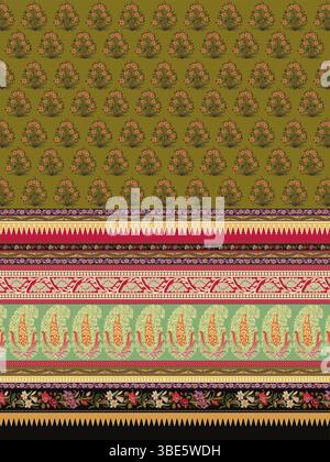 Olivgrünes und mehrfarbiges Textiledesign mit Blumen- und Paisley-Muster und komplizierter Borte Stock Vektor