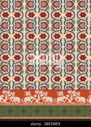 Elegantes indisches Textildesign mit Blumenmustern und Elefantenmotiven Stock Vektor