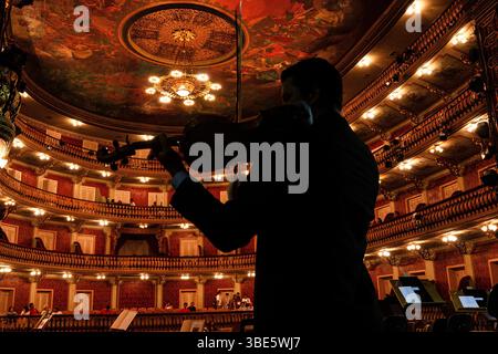 Der Musiker übt Geige im Theatro, einem neoklassischen Opernhaus der Belle Epoque, das mit einem zentralen Kronleuchter und italienischen Deckenfresken geschmückt ist. Stockfoto
