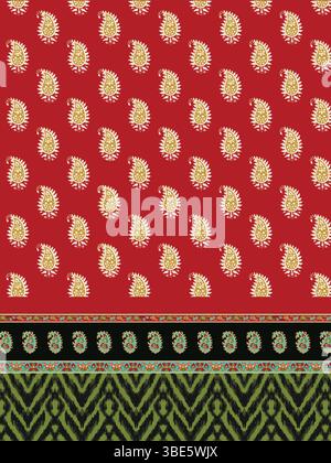 Rotes und grünes Paisley-Design mit Ikat-Rand und detailliertem Textilmuster Stock Vektor