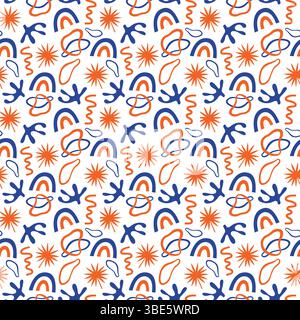 Abstraktes nahtloses Muster mit orangefarbenen und blauen kosmischen Elementen Stock Vektor