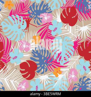Lebendiges, nahtloses Design mit tropischen Blättern und Blumen in kräftigen Farben Stock Vektor