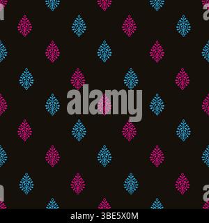 Sich wiederholendes blaublaues und rosafarbenes florales Muster in Rautenform auf schwarzem Hintergrund Stock Vektor
