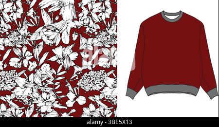 Burgunderfarbenes Sweatshirt mit Rundhalsausschnitt und weißem Blumenmuster Stock Vektor