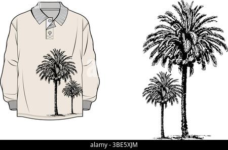 Langärmeliges Poloshirt mit Palmengrafik Stock Vektor