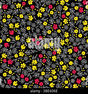 Leuchtendes Blumenmuster nahtloses Design gelbe rote weiße Blumen auf schwarzem Hintergrund Stock Vektor