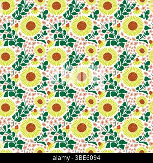Wiederholtes Muster von gelben Sonnenblumen und grünen Blättern auf weißem Hintergrund mit rosa Akzenten Stock Vektor